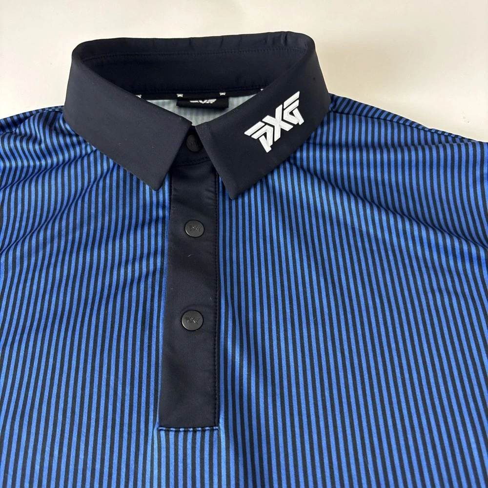 PXG Mens Small Blue/Black Performance Stretch Polo Shirt striped short sleeve - Picture 3 of 11